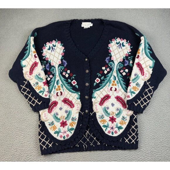Vintage 90's Hand Knitted Cardigan Sweater Women's 1X Plus Heavy Cottage Core - Picture 1 of 7